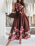 Floral Tie Waist Cap Sleeve Dress.