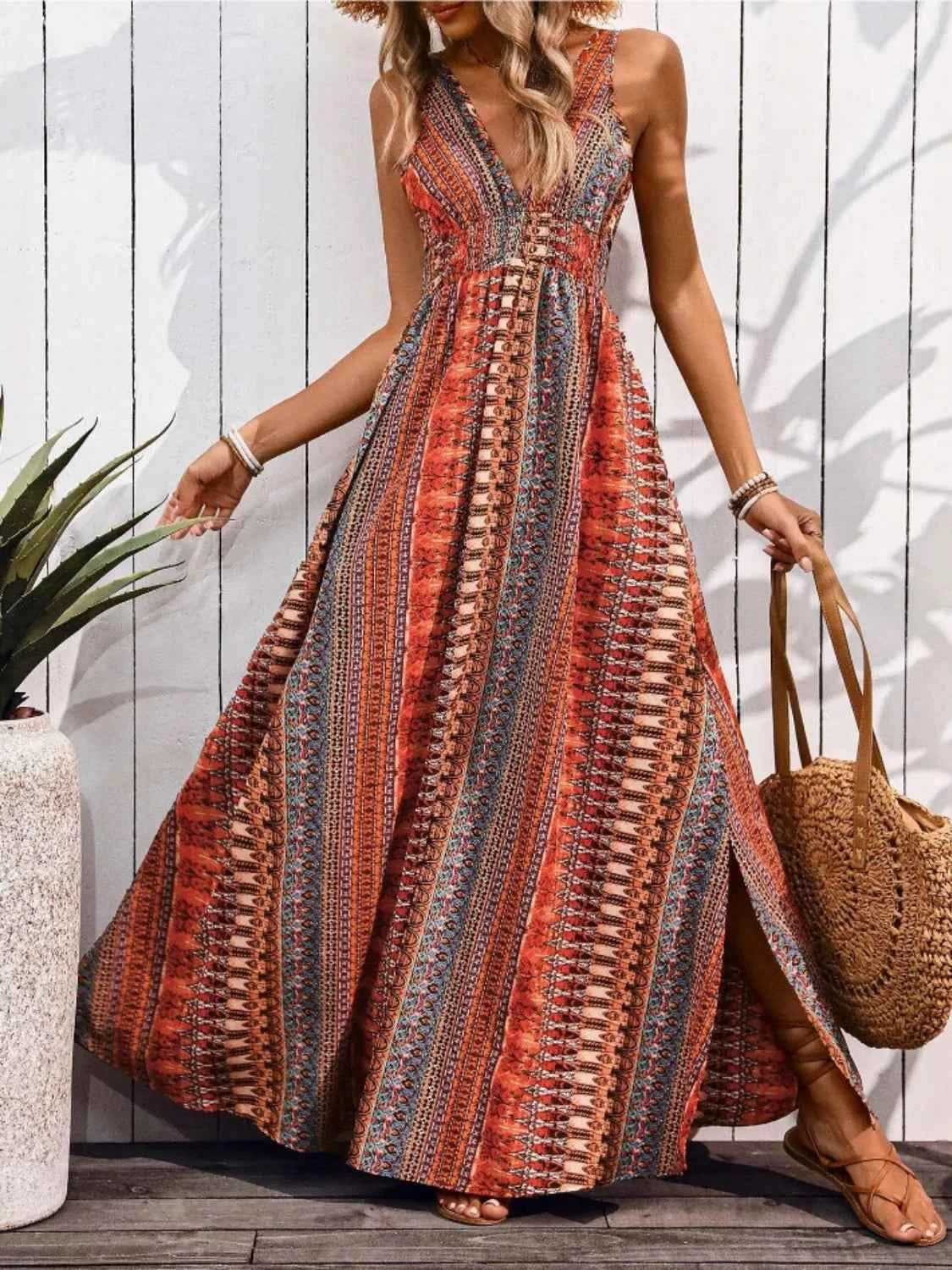 Tied Back Printed Sleeveless Maxi Dress with Slit.