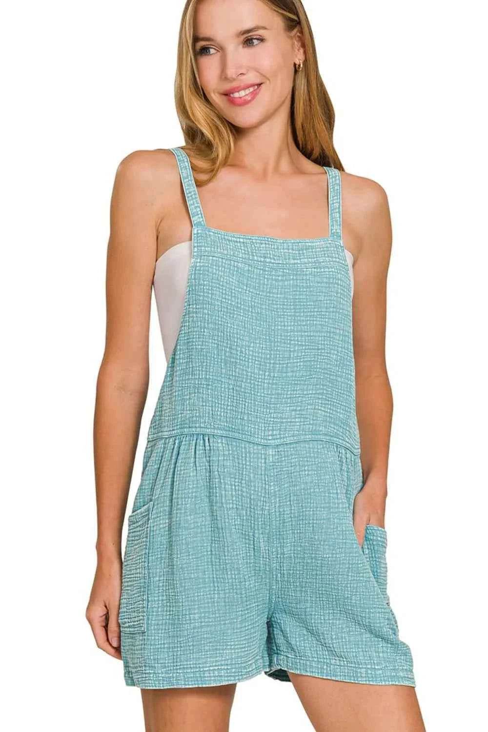 Turquoise Double Gauze Romper with Tie Back Design - EBYNN