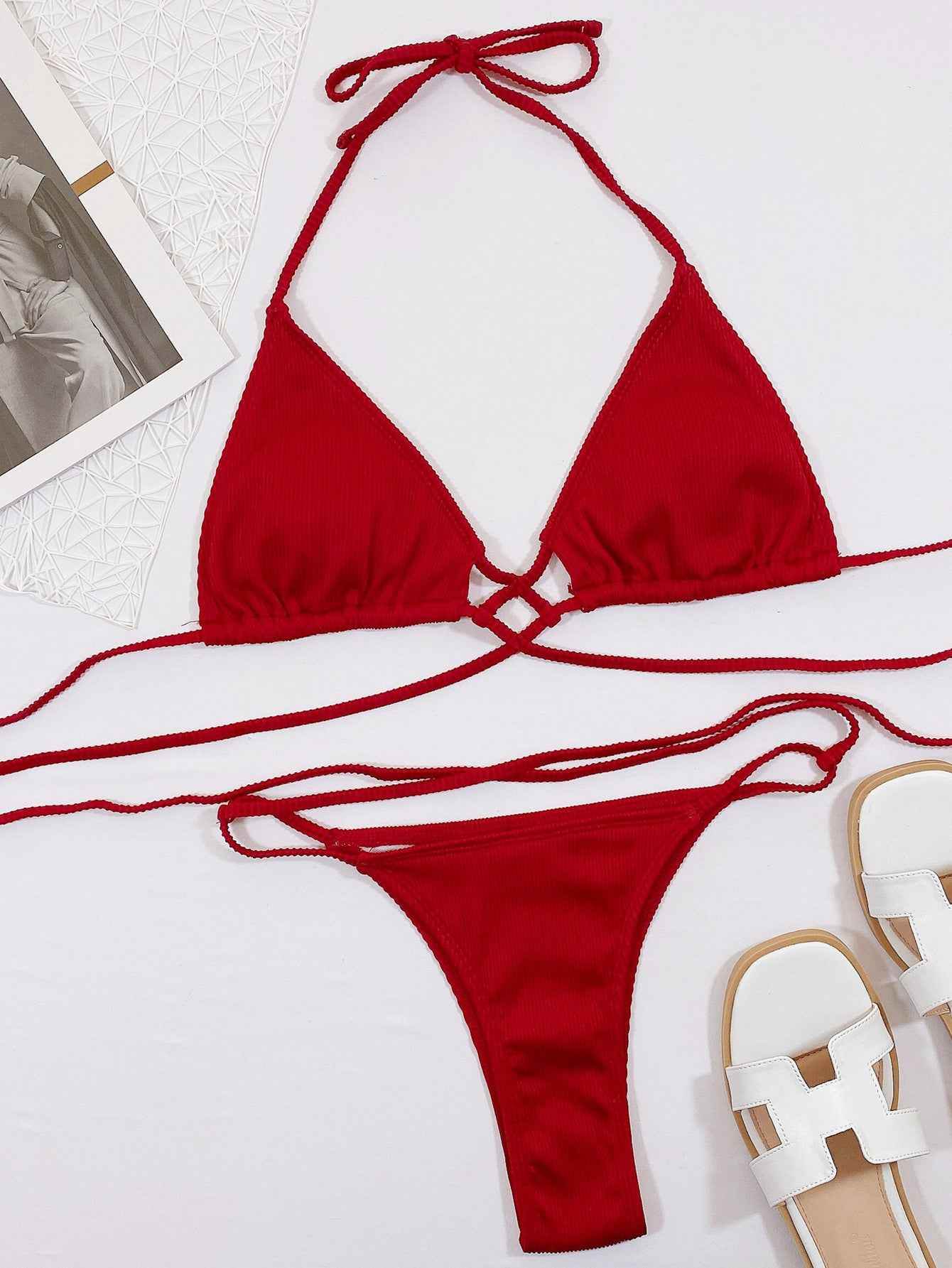 Halter Neck Crisscross Ribbed Bikini Set.