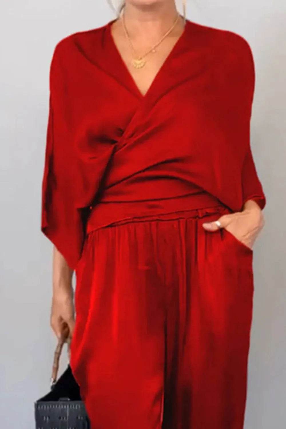 Plus Size Wrap Set - Stylish Surplice Top and Pants for Effortless Elegance - EBYNN