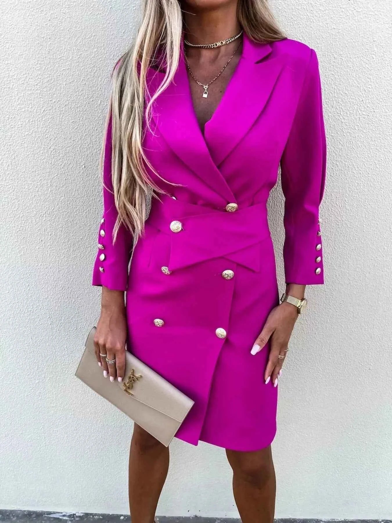 Double-Breasted Longline Blazer with Lapel Collar.