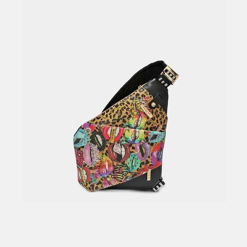 Nicole Lee USA Vegan Leather Leopard & Lip Pattern Crossbody Bag.