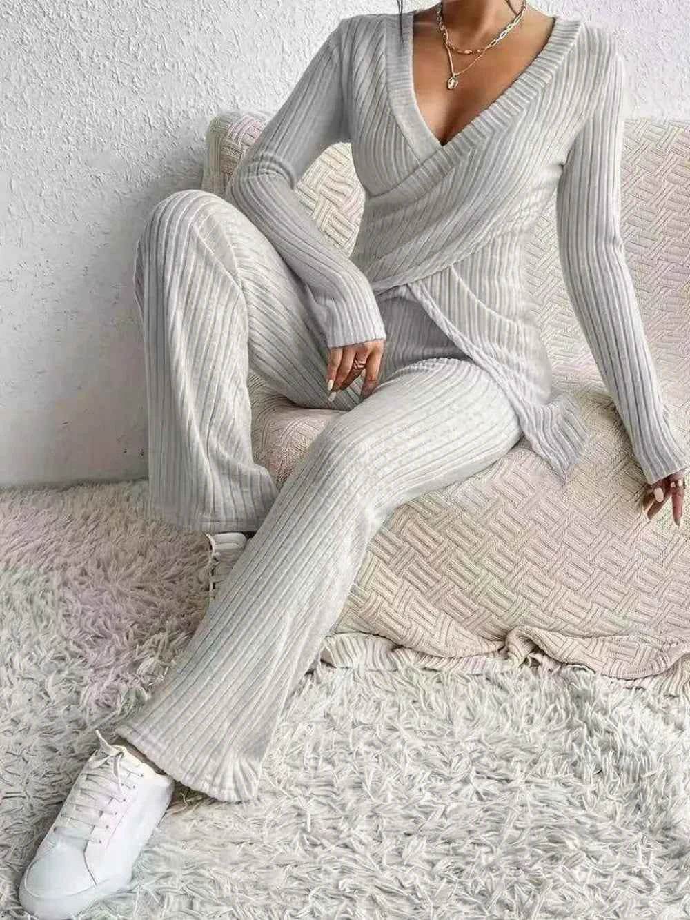 Surplice Long Sleeve Top and Pants Set - EBYNN