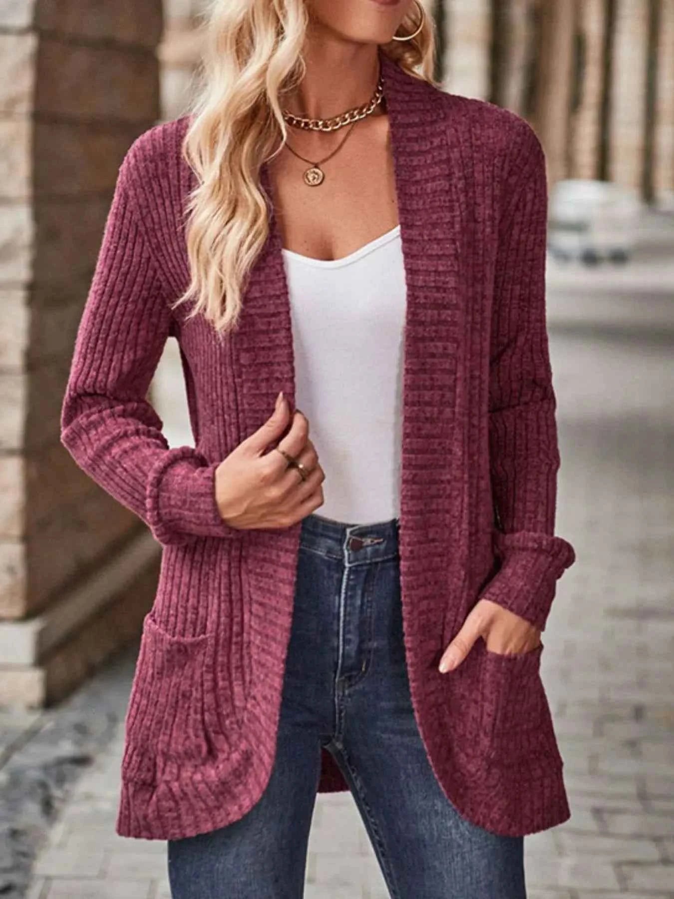 Ribbed Knit Open Front Cardigan with Pockets.