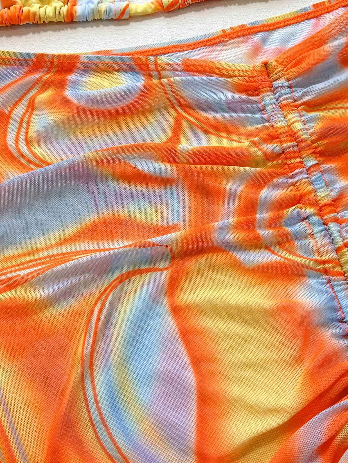 Multicolored Drawstring Ruched Three-Piece Swim Set.