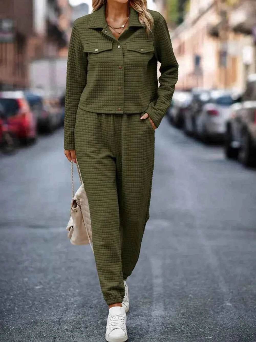 Plaid Texture Snap Down Top and Pants Set.