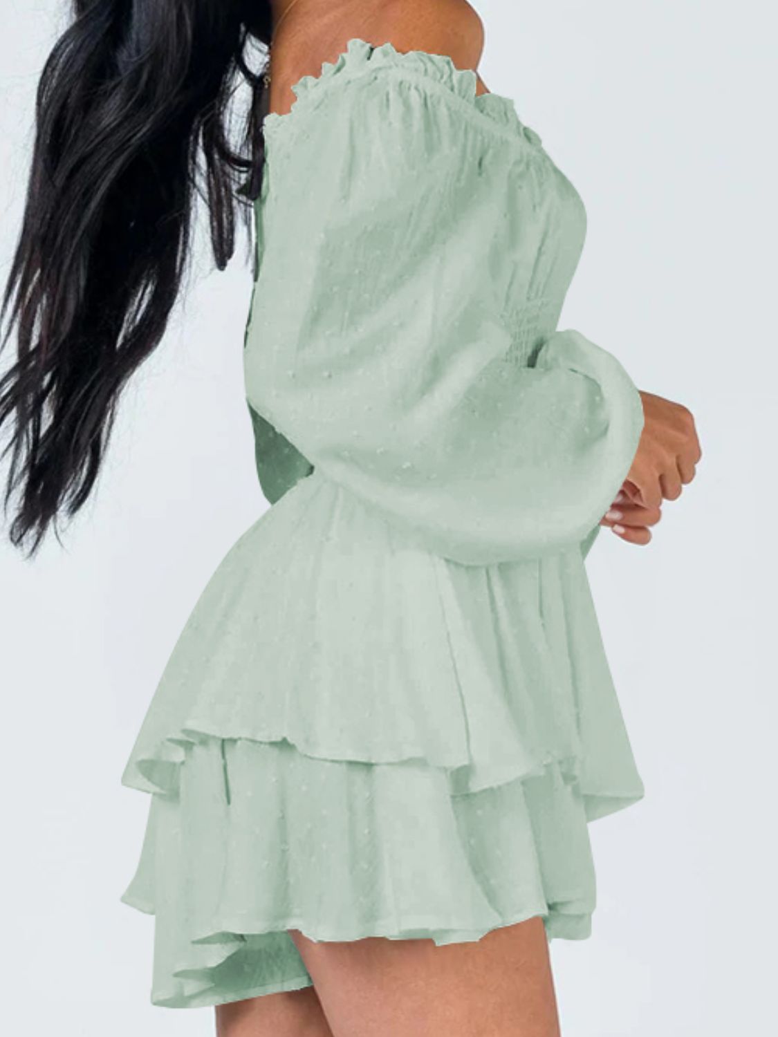 Off Shoulder Smocked Waist Mini Romper.