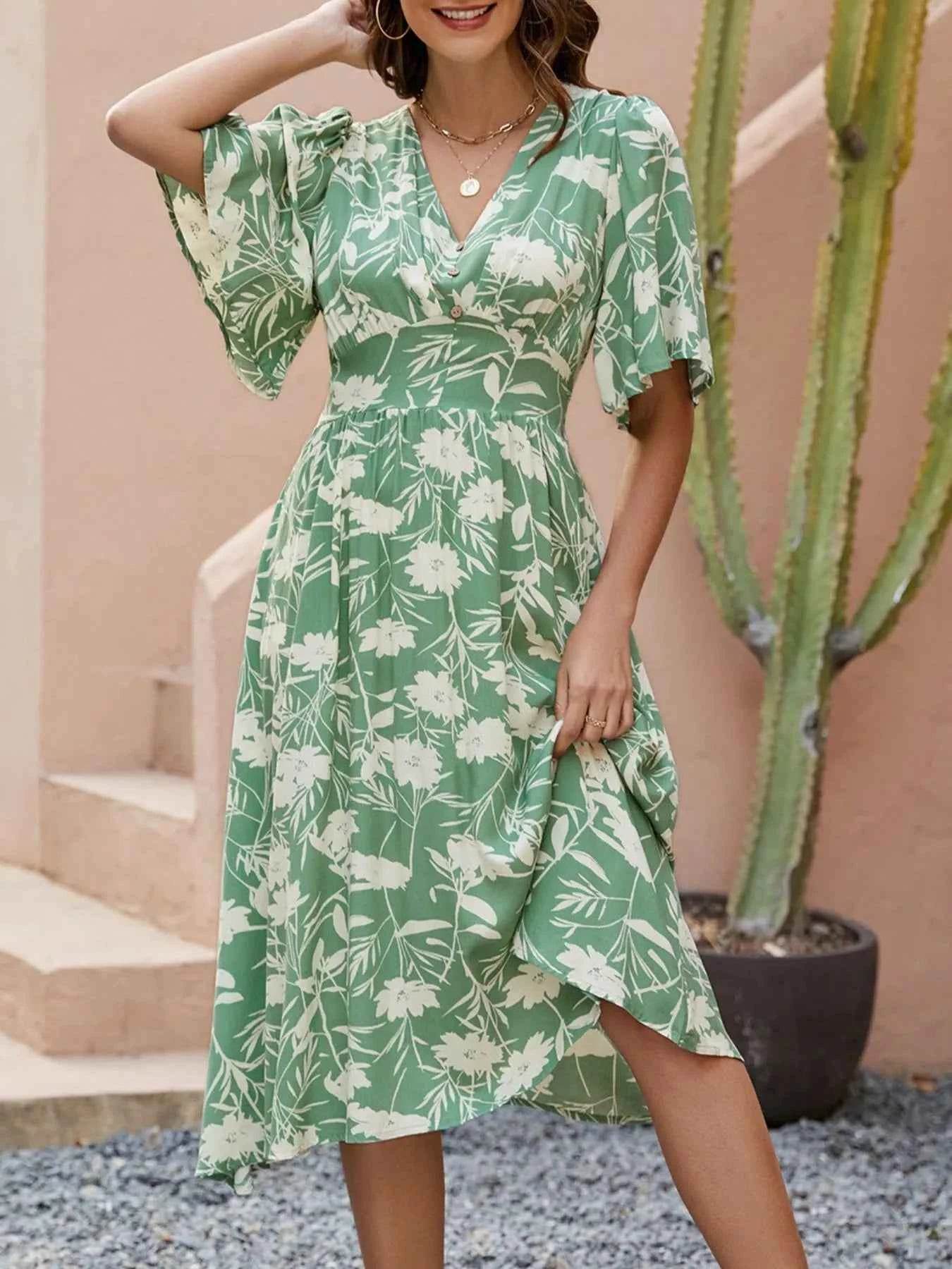Printed V-Neck Flutter Sleeve Midi Dress.