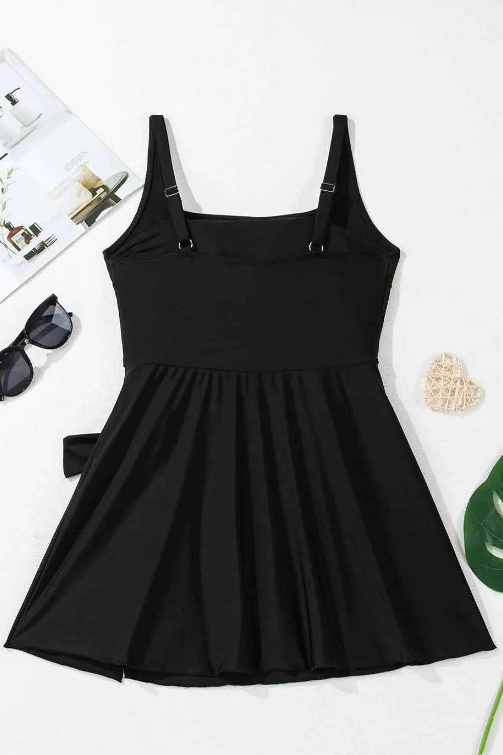 Side Tied Waist Square Neck Adjustable Straps A-Line Swim Dress.