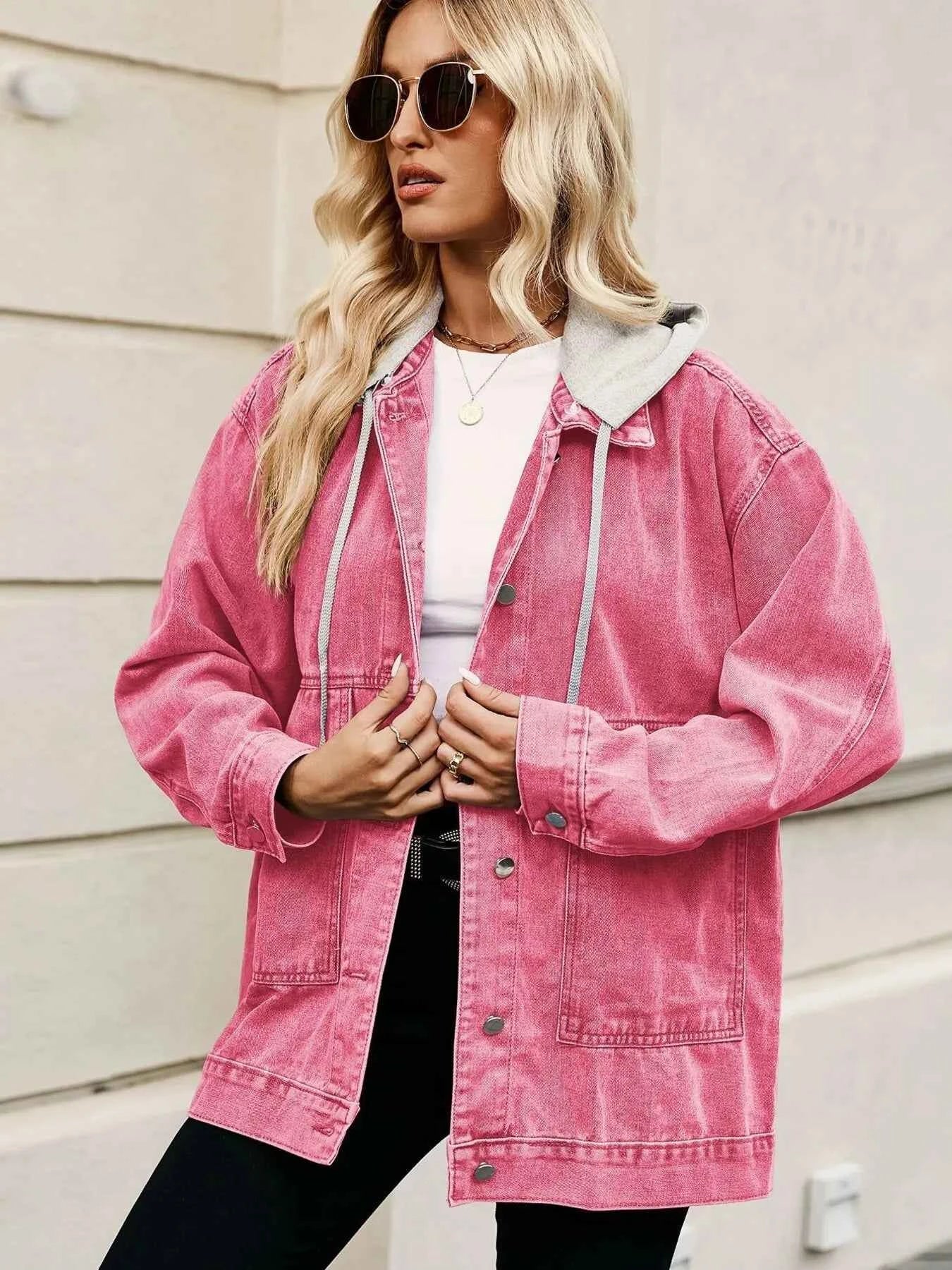 Oversized Button Up Denim Jacket with Hood.