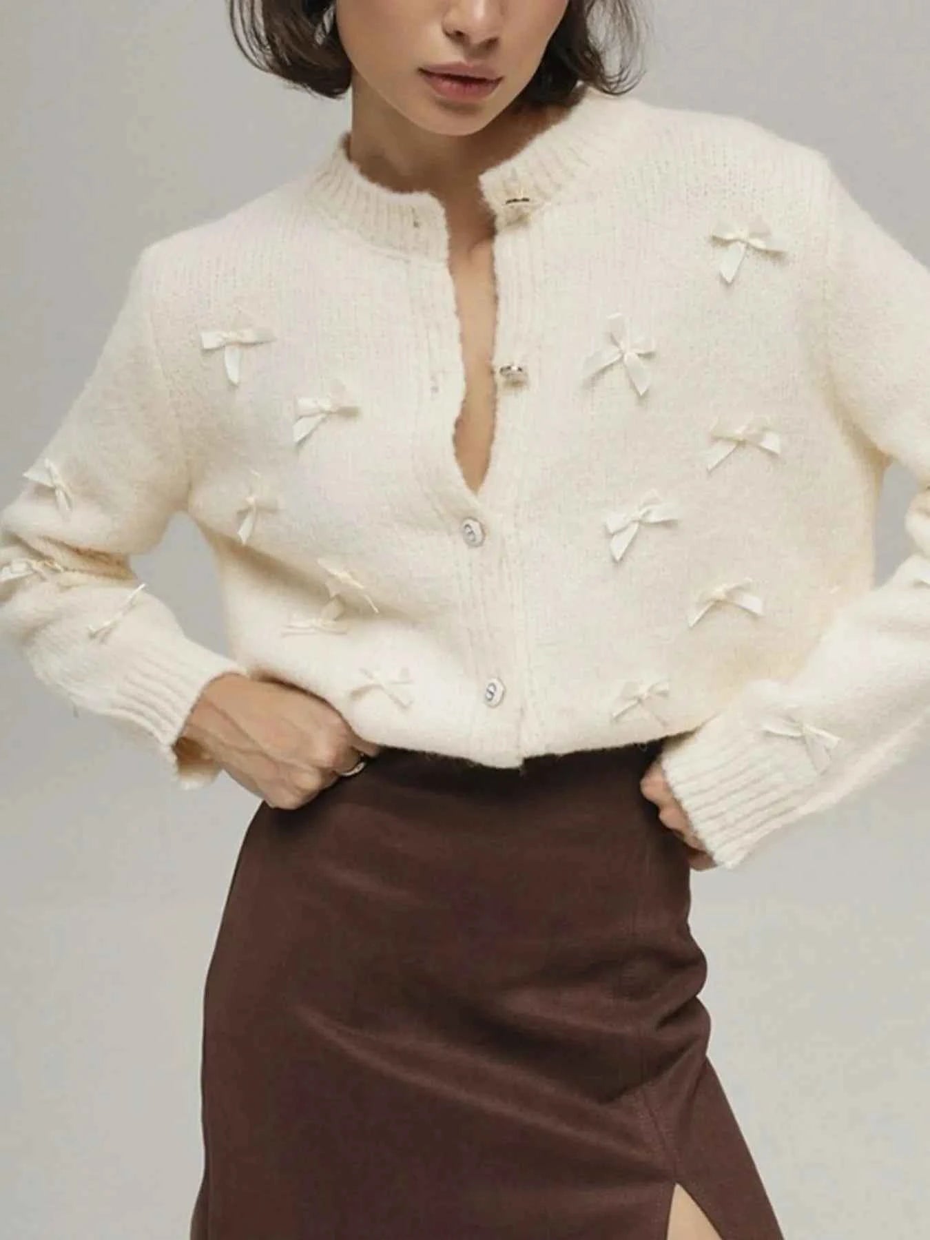 Bow Button Up Long Sleeve Cardigan.