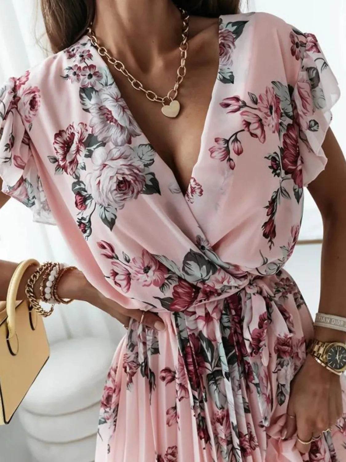 Floral Surplice Ruffled Cap Sleeve Dress.