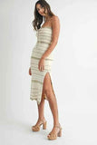 MABLE Contrast Striped Crochet Knit Midi Dress.