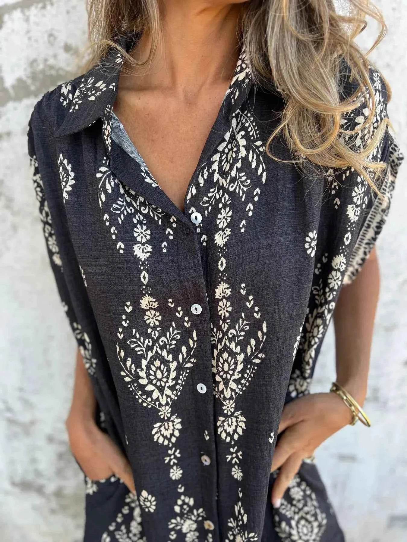 Plus Size Printed Short Sleeve Button-Up Shirt Dress.