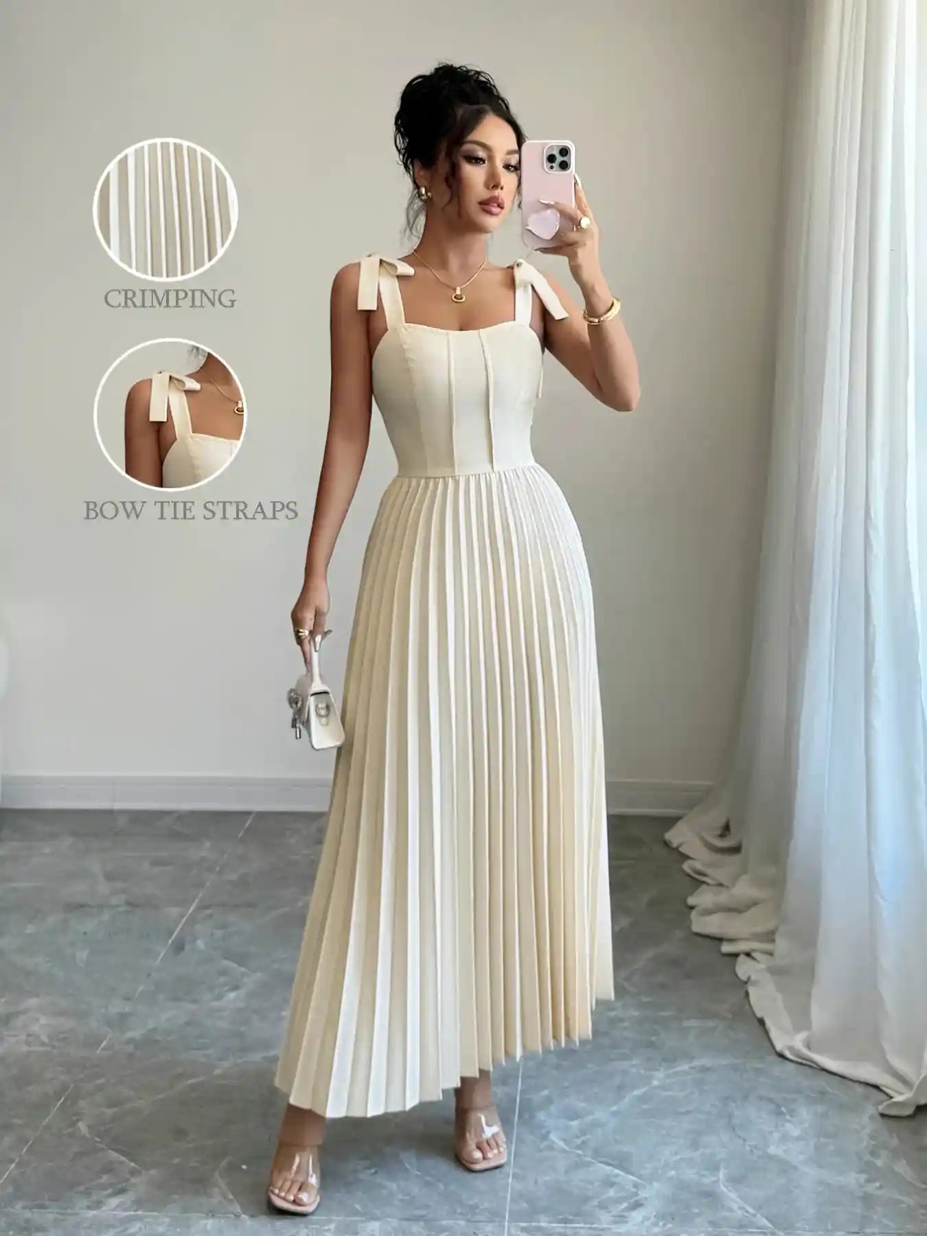 Pleated Tie-Shoulder Maxi Dress.