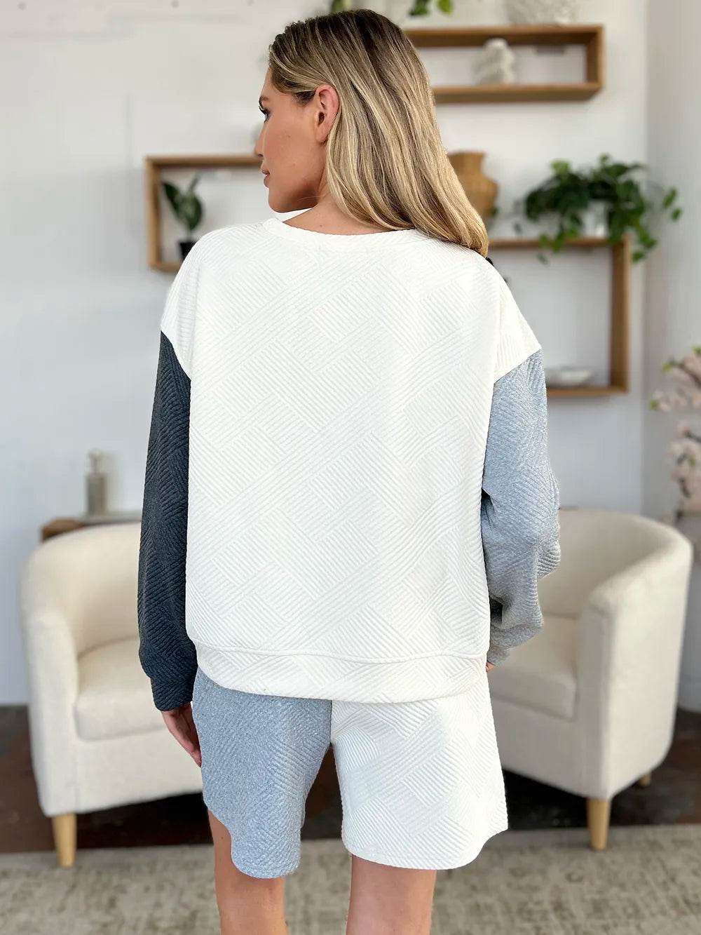 Double Take Contrast Drop Shoulder Set - Full Size Top & Shorts Combo - EBYNN