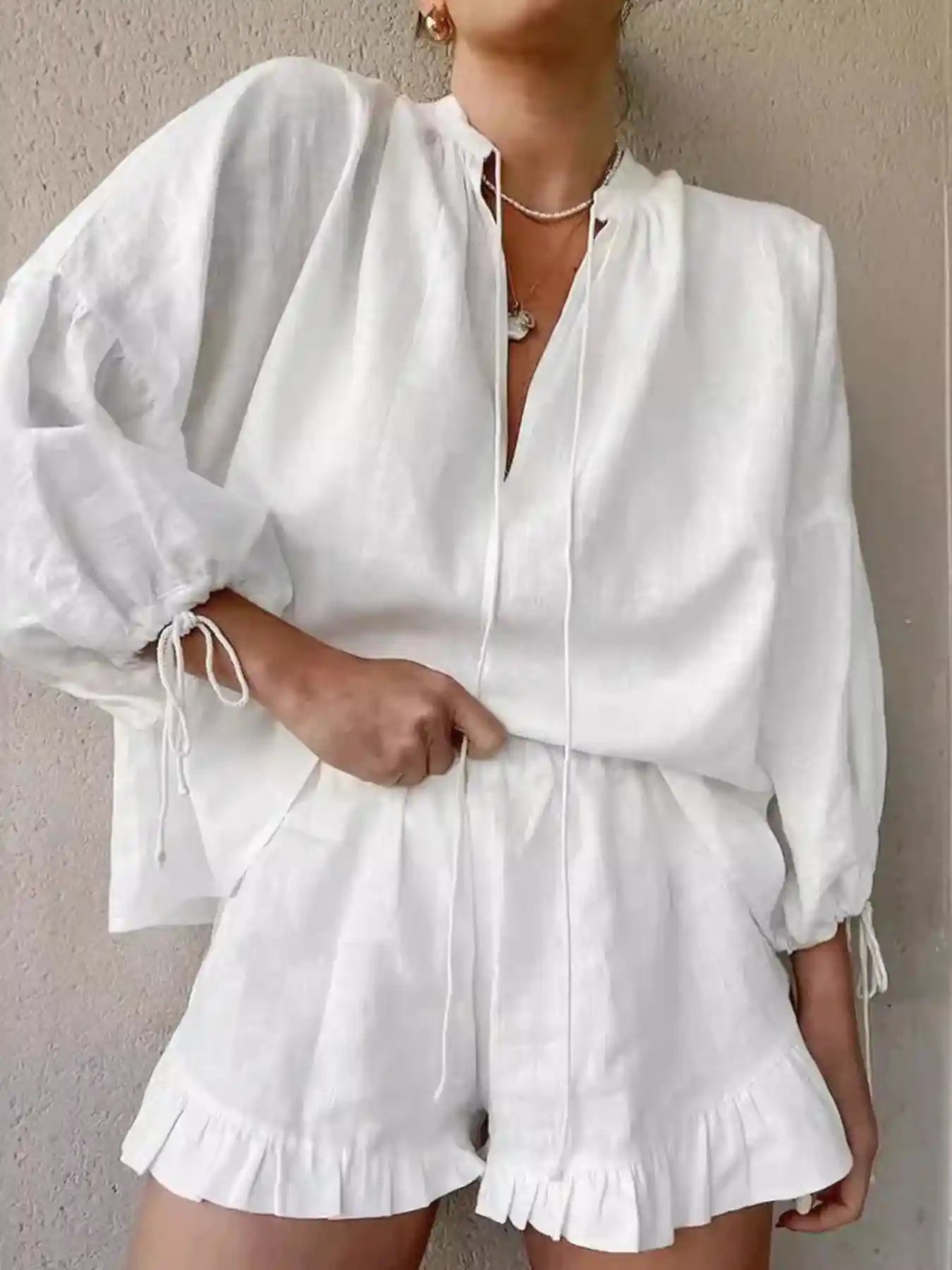 Tie Neck Balloon Sleeve Blouse and Shorts Set.