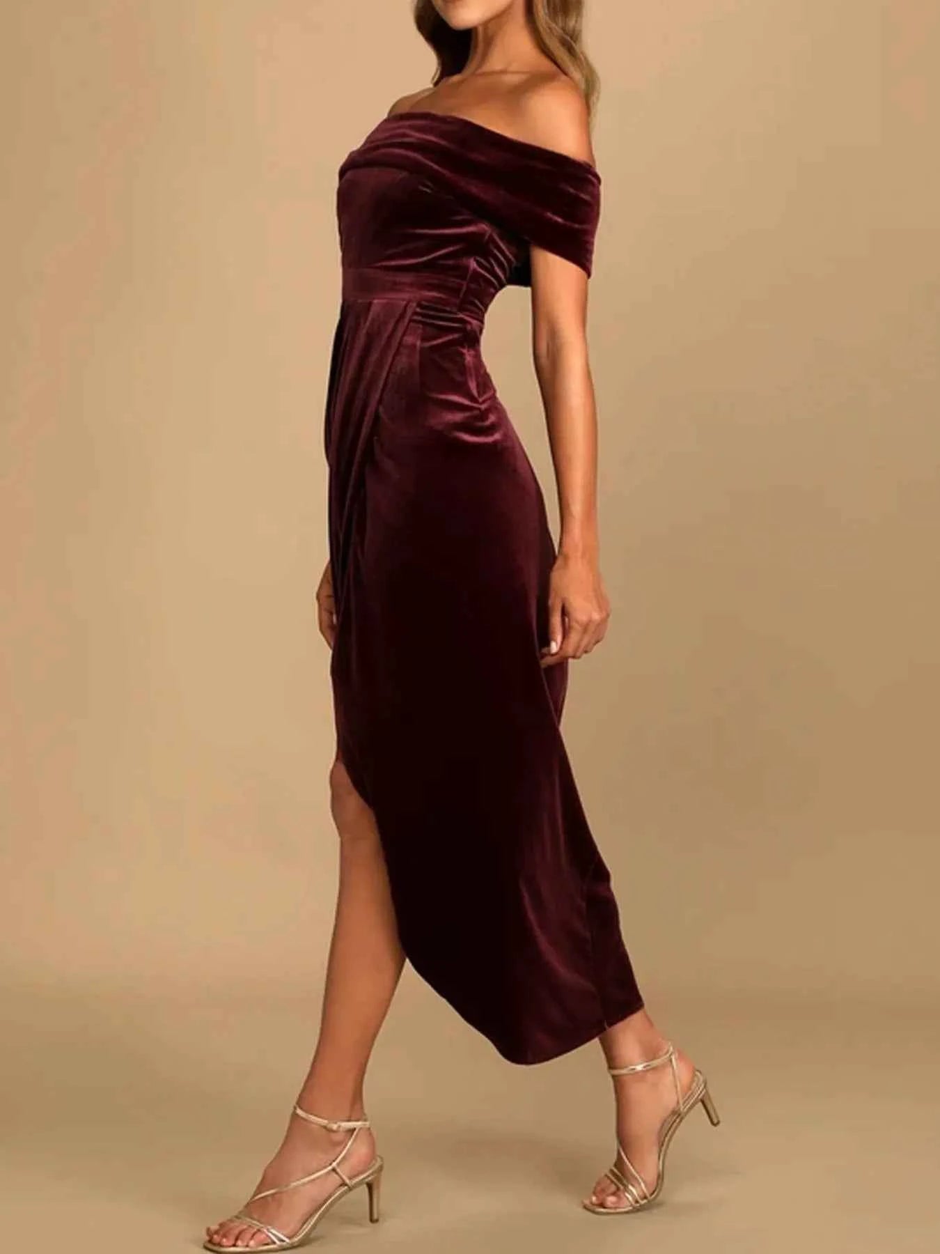 Off-Shoulder Wrap Dress with Side Slit.