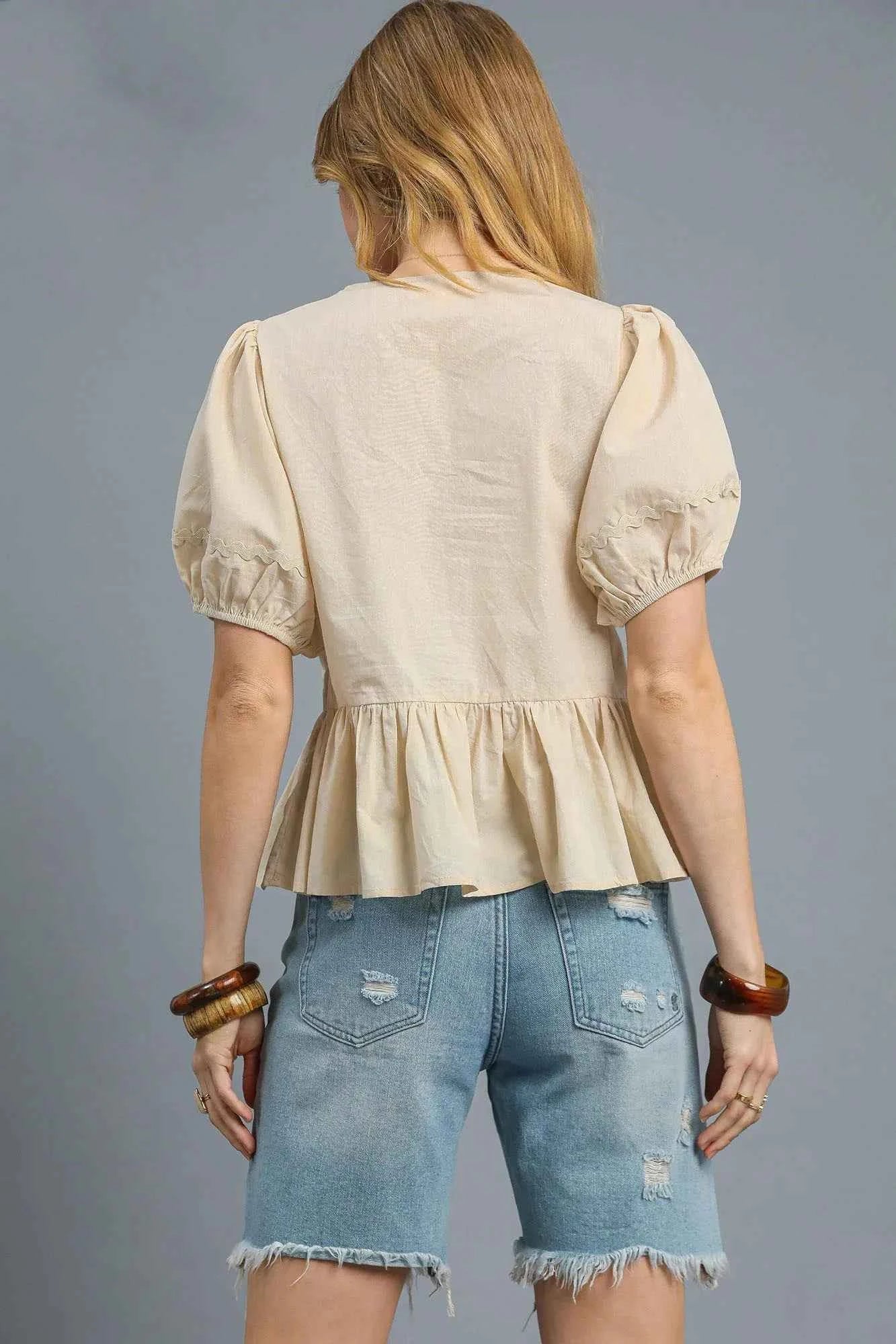 Umgee Tie Front Puff Sleeve Peplum Blouse.