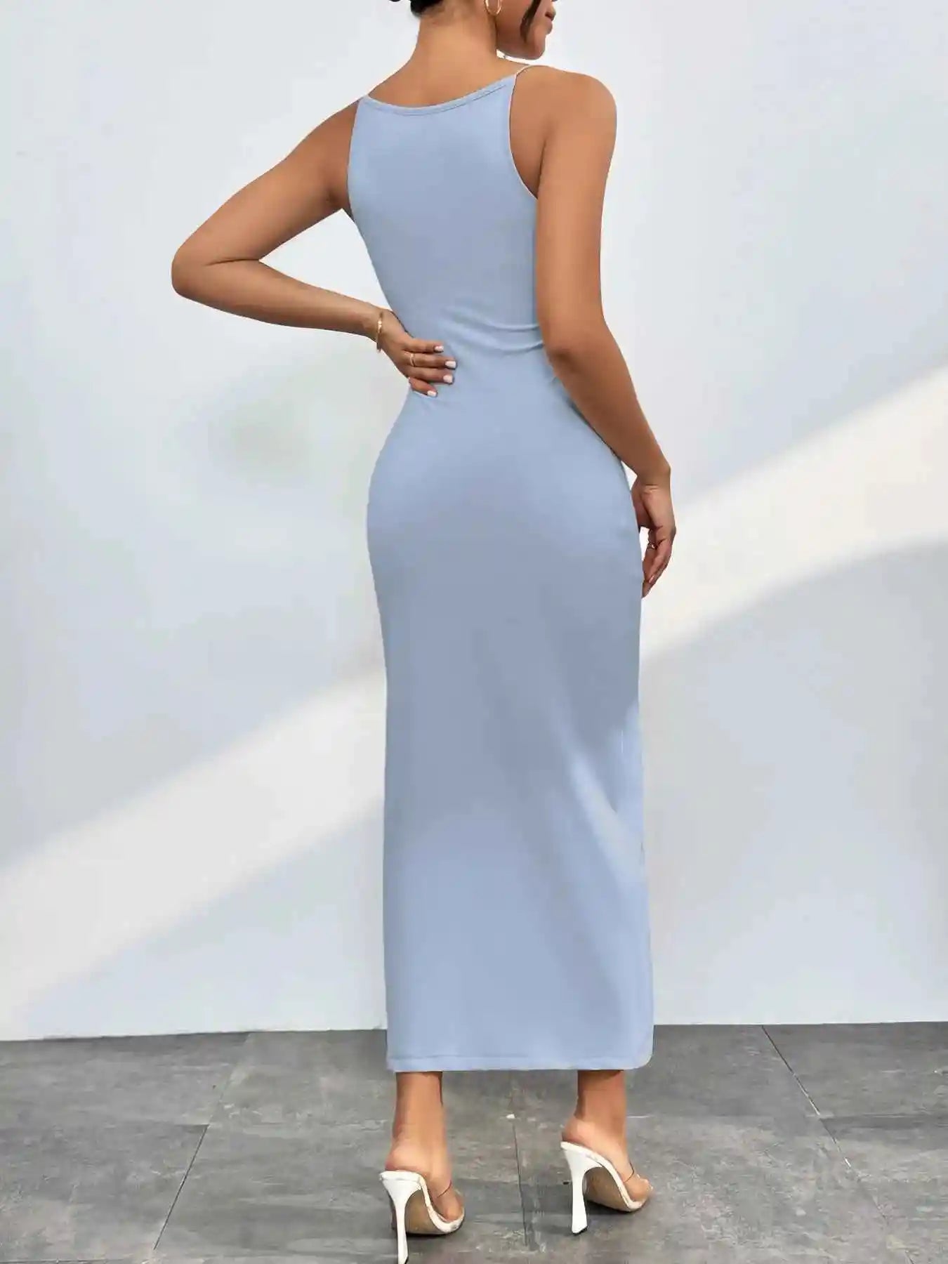 Sleek Spaghetti Straps Midi Bodycon Dress.