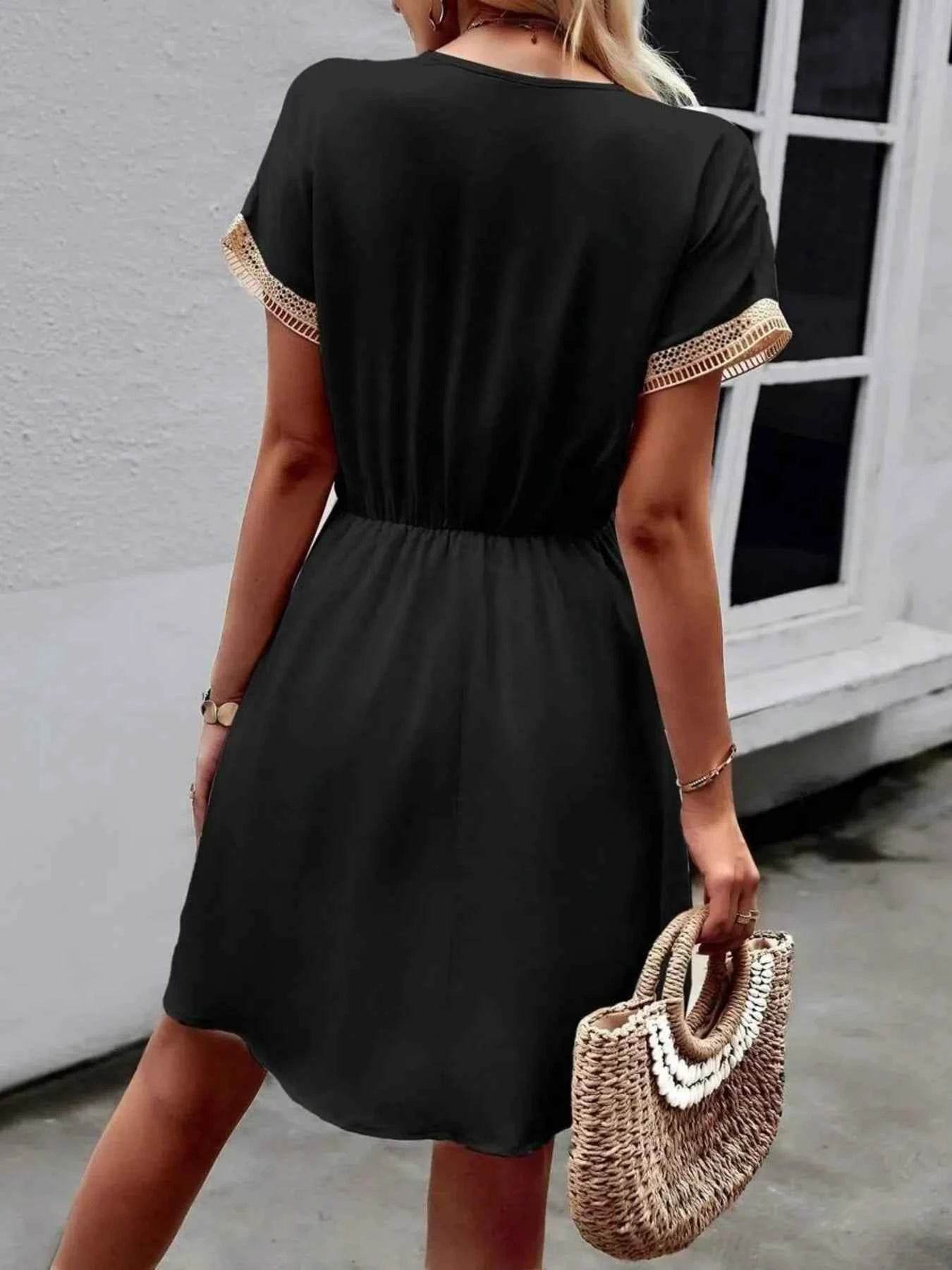 V-Neck Short Sleeve Mini Dress.