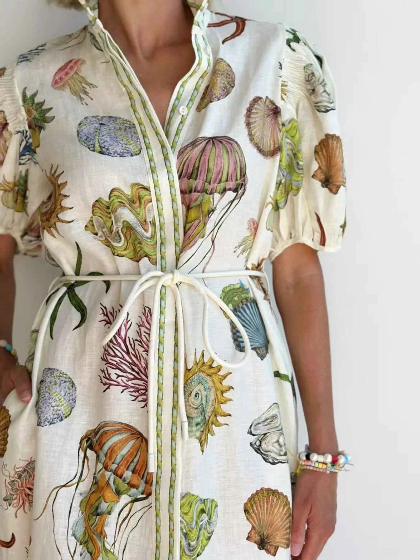 Printed Short Sleeve Shirt Dress.