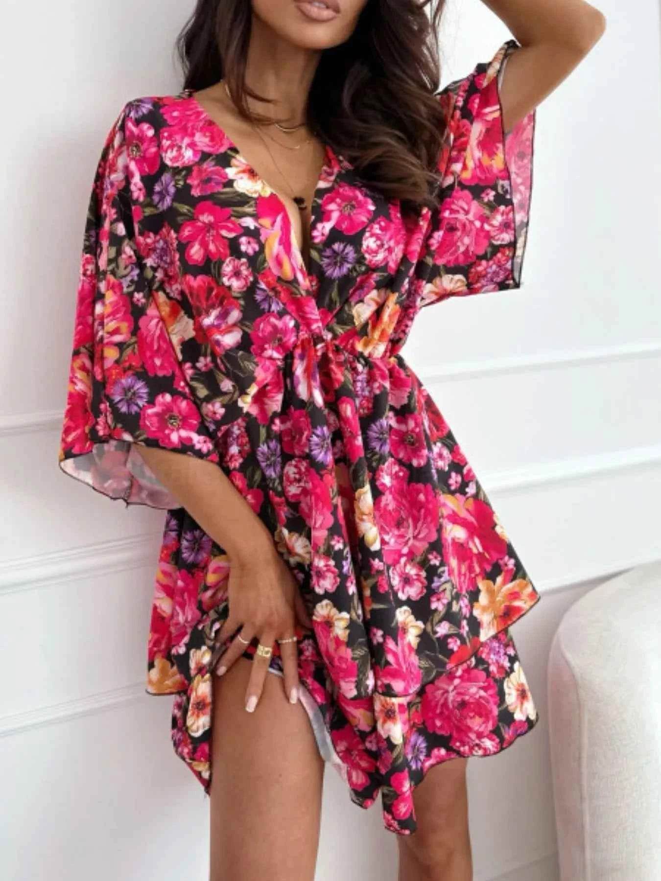 Floral Print V-Neck Ruffle Mini Dress.