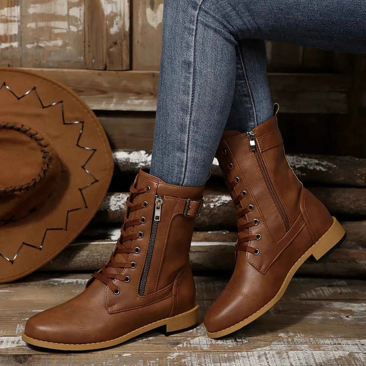 Round Toe Lace-Up Block Heels Boots.