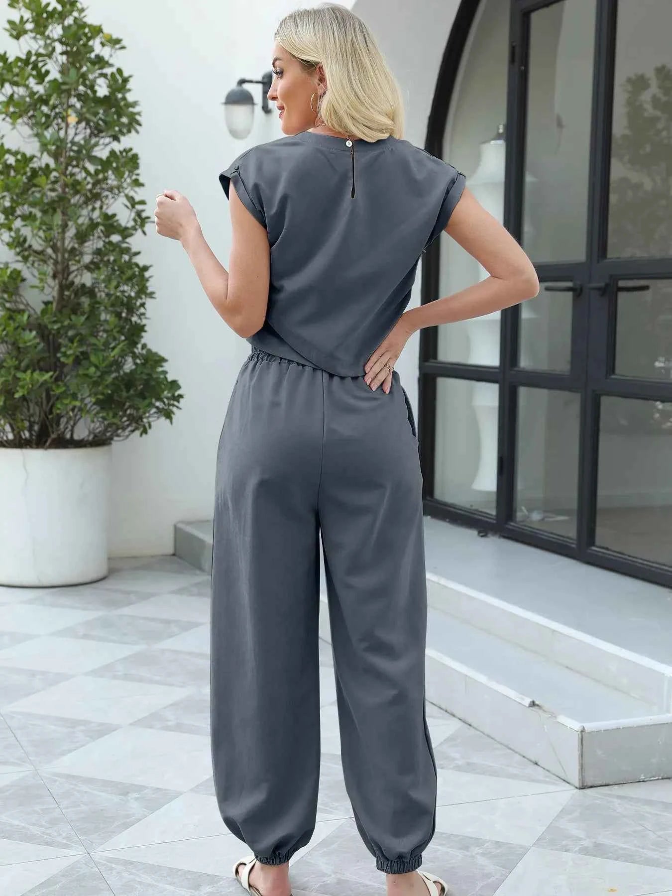 Round Neck Short Sleeve Top and Pants Set.