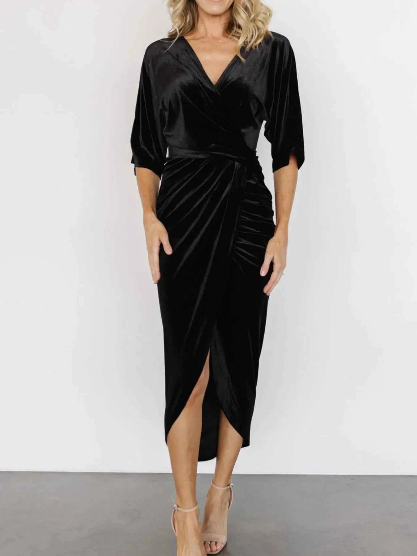 Ruched Surplice Half Sleeve Dress.