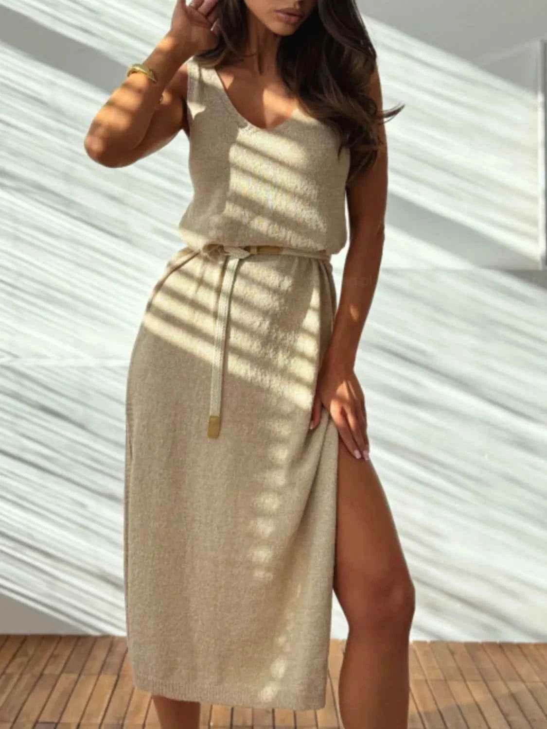 Slit V-Neck Sleeveless Sweater Dress.