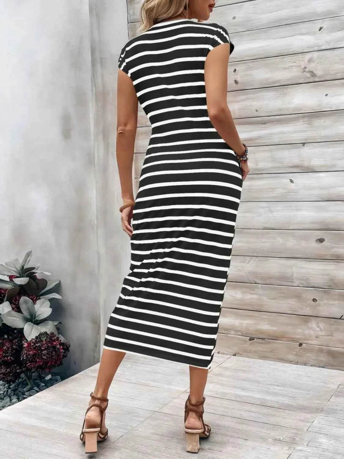 Striped Round Neck Cap Sleeve Midi Dress.
