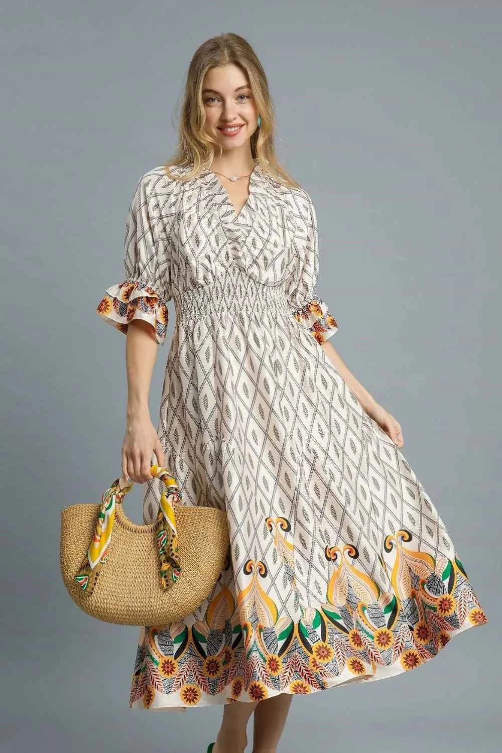 Umgee Geometric Printed Smocked Waist Midi Dress.