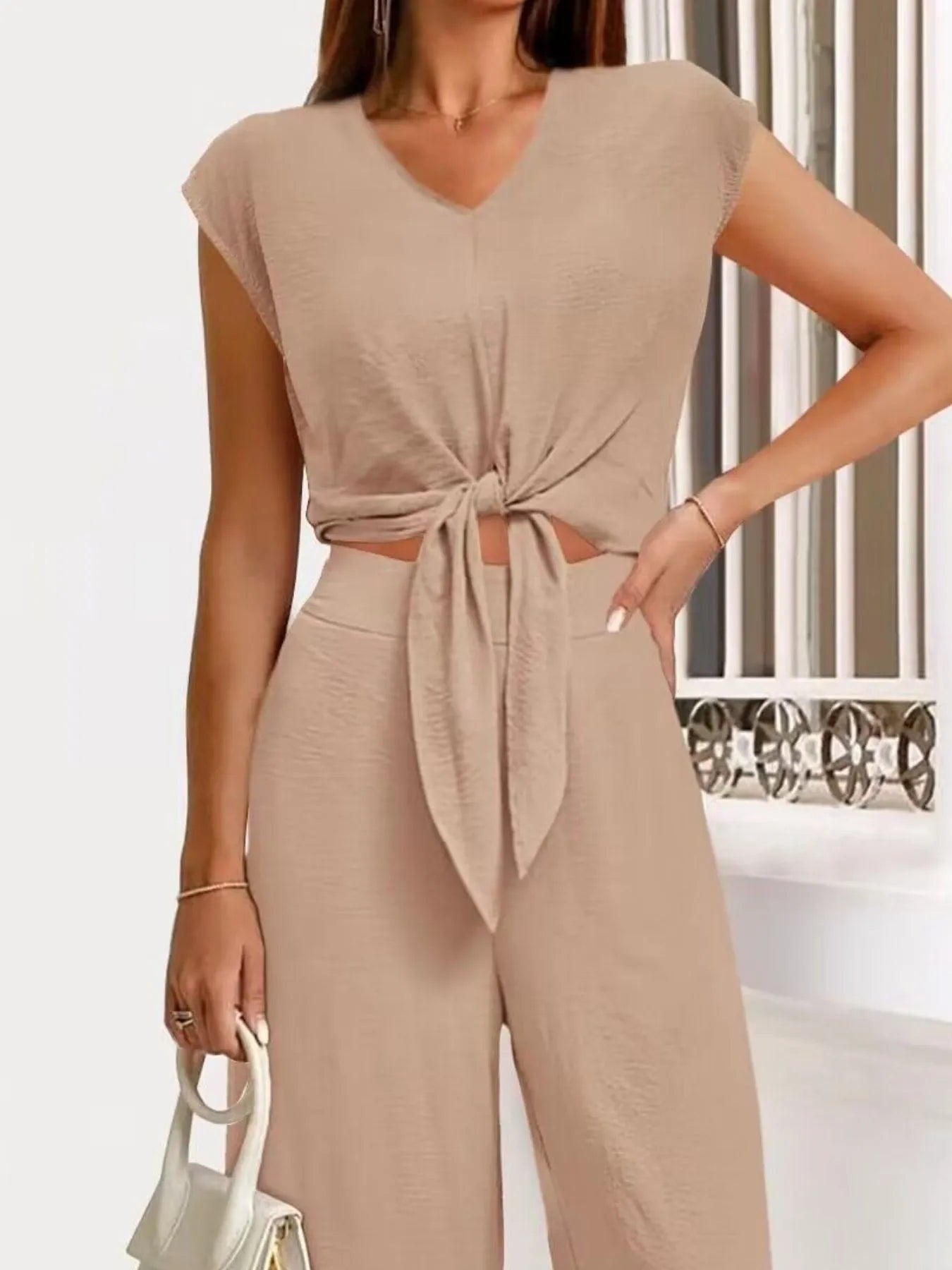 Tie Front Top & Wide Leg Pants Set.