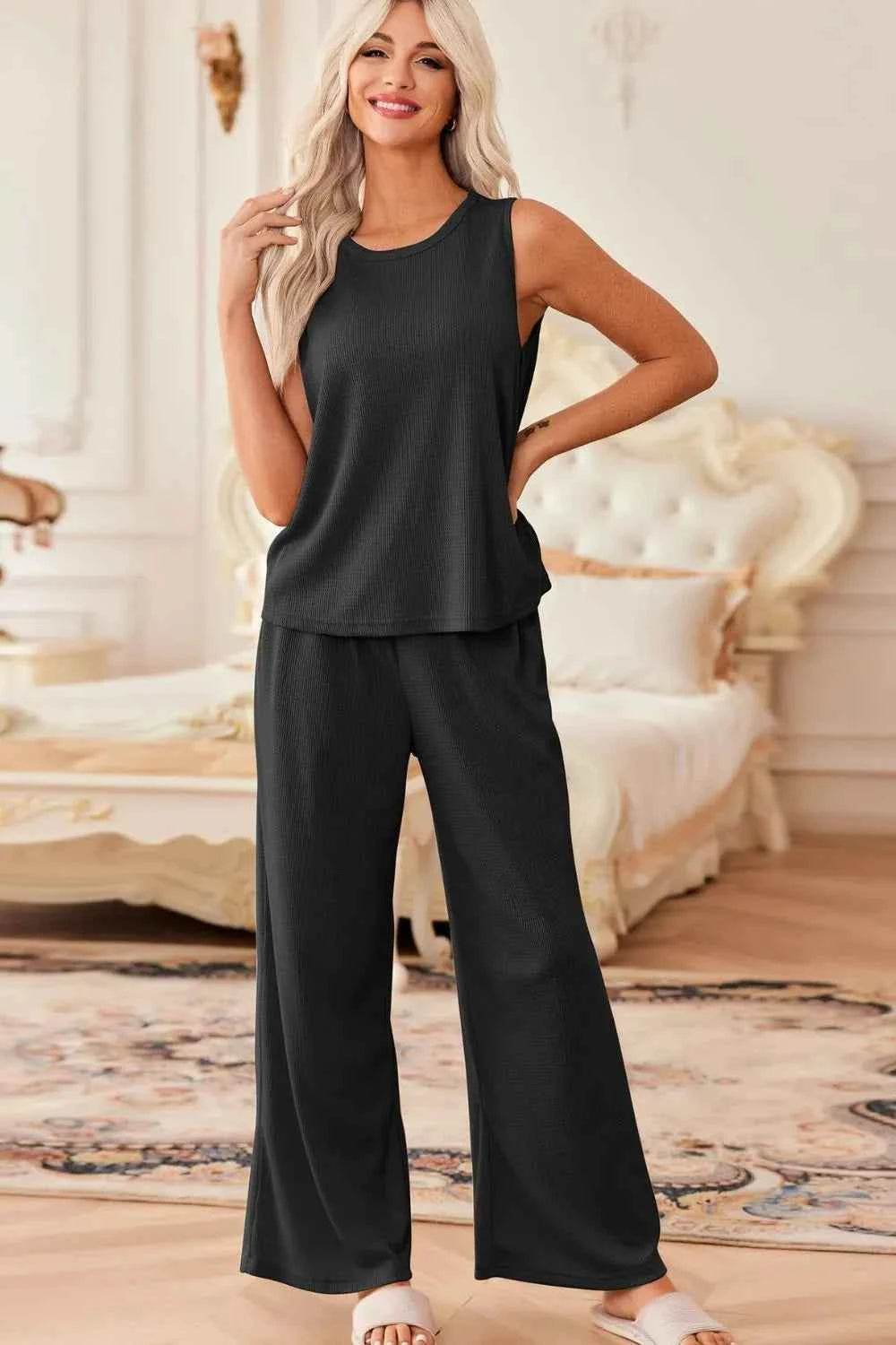 Waffle-Knit Round Neck Tank and Pants Set - EBYNN