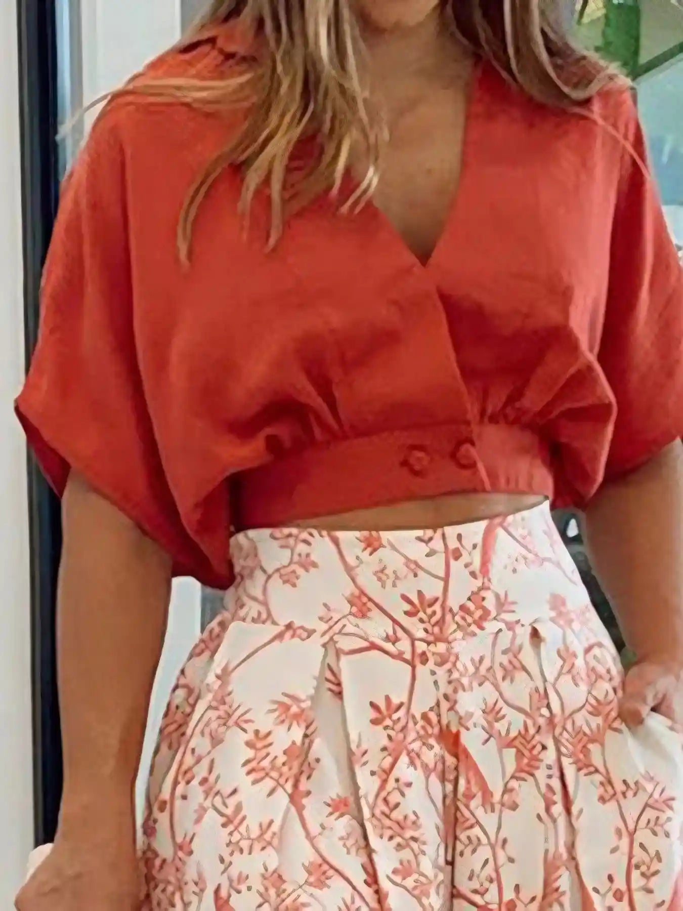 Surplice Top and High Waist Pants Set.