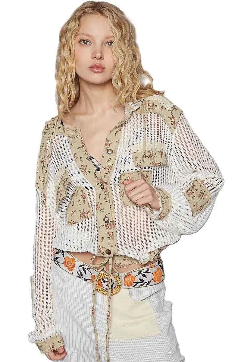 Vintage Washed Crochet Hoodie Jacket with Patchwork.