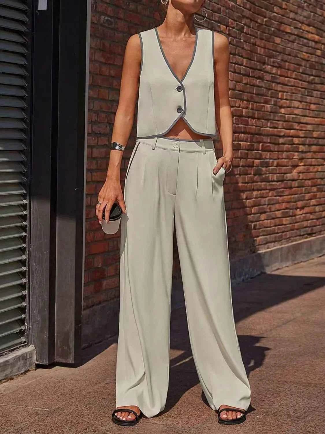 Stylish V-Neck Vest and Pants Set - EBYNN