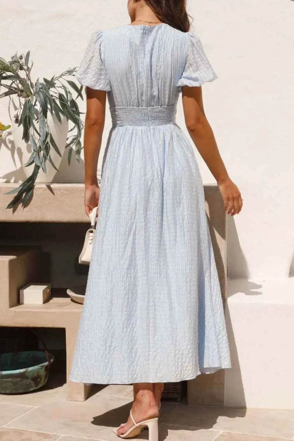 V-Neck Puff Short Sleeve Midi Dress.