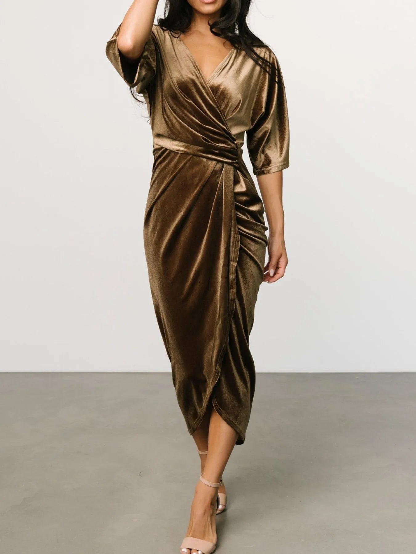 Ruched Surplice Half Sleeve Dress.