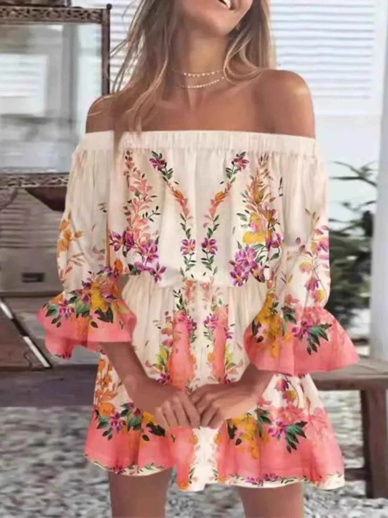 Floral Off-Shoulder Flounce Sleeve Mini Dress Plus Size.
