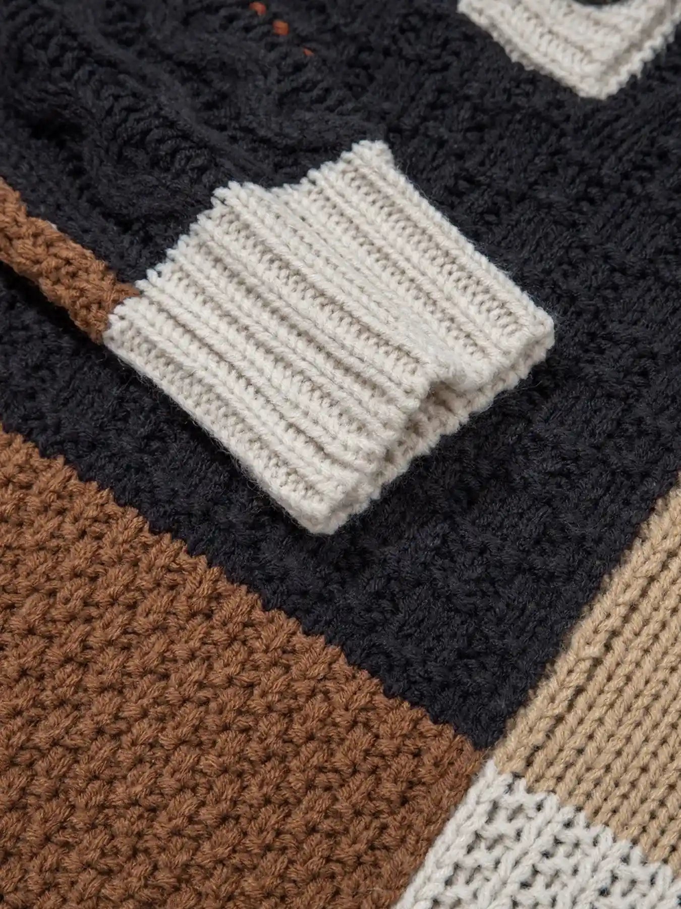 Multicolour Color Block Cable Knit Sleeve Buttons Collared Sweater.
