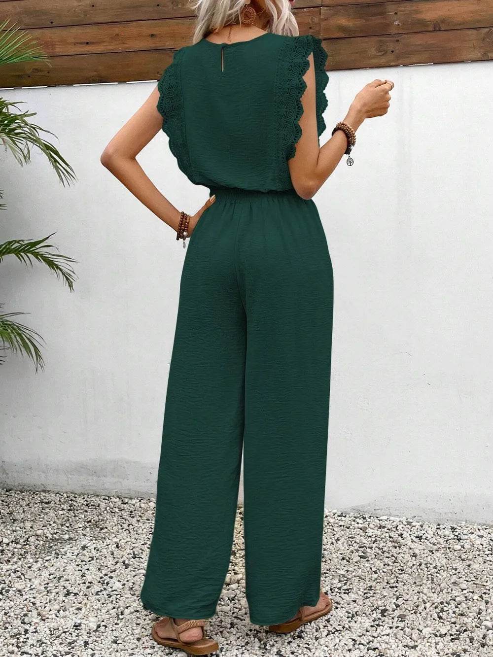 Lace Trim Round Neck Top and Pants Set - EBYNN