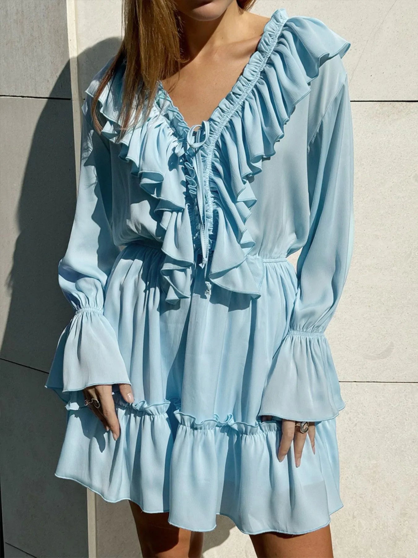 Ruffle Flounce Sleeve Mini Dress.