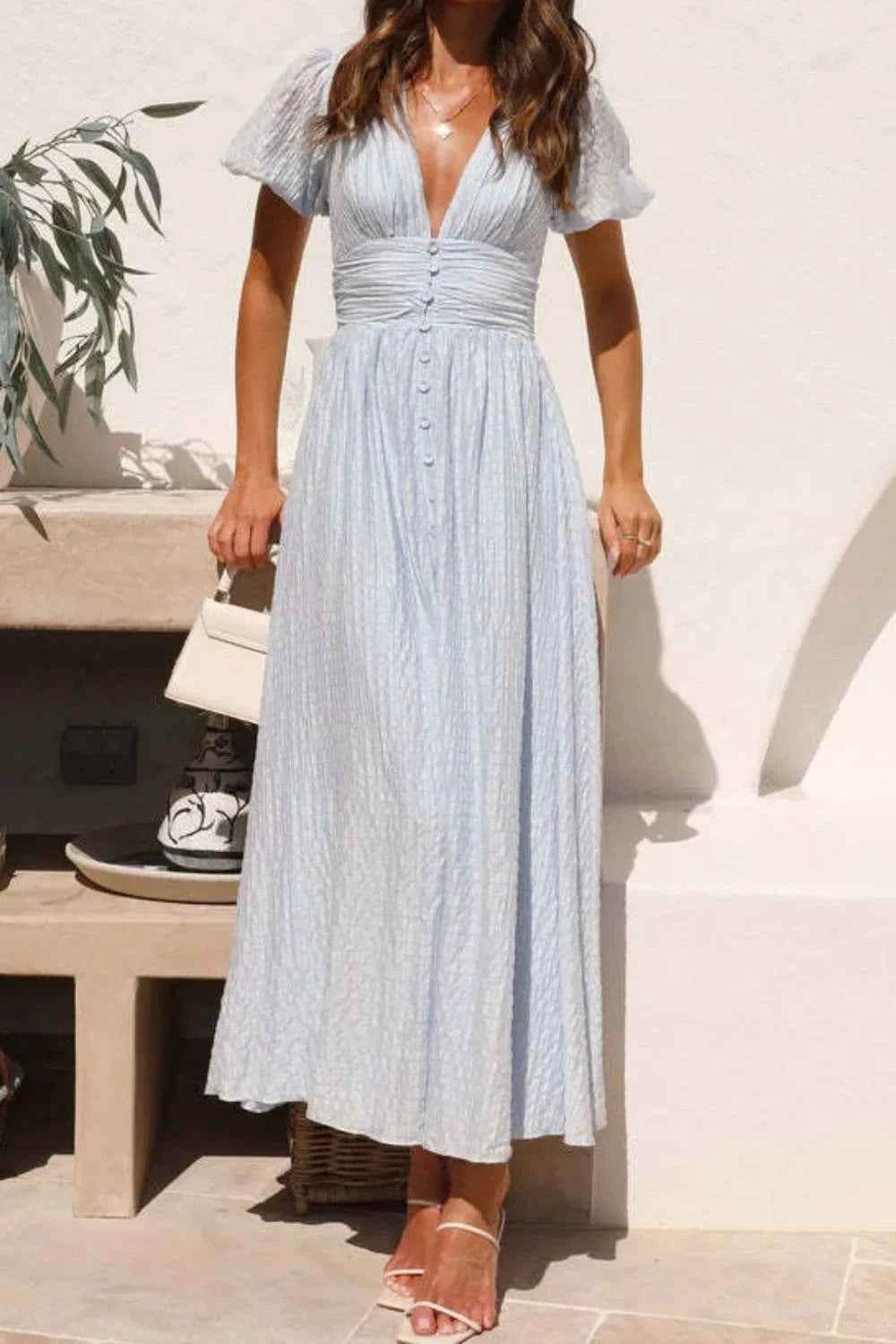 V-Neck Puff Short Sleeve Midi Dress.