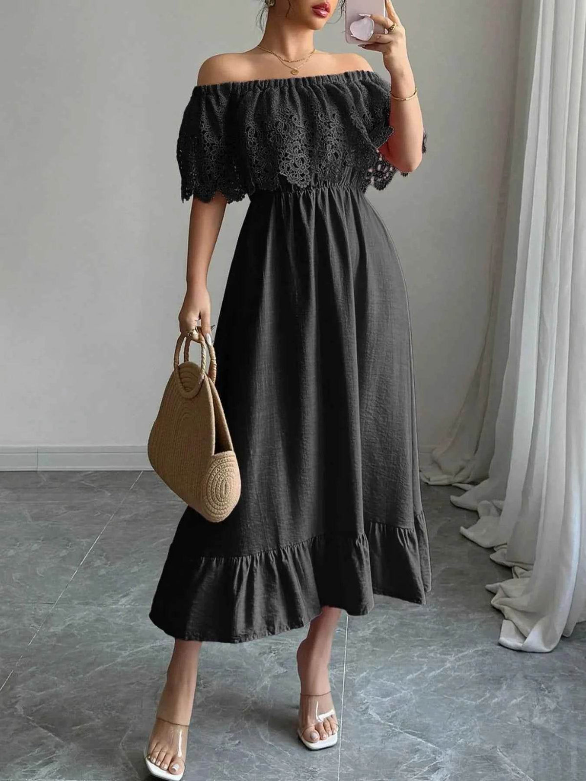 Off-Shoulder Lace Ruffle Midi Dress.