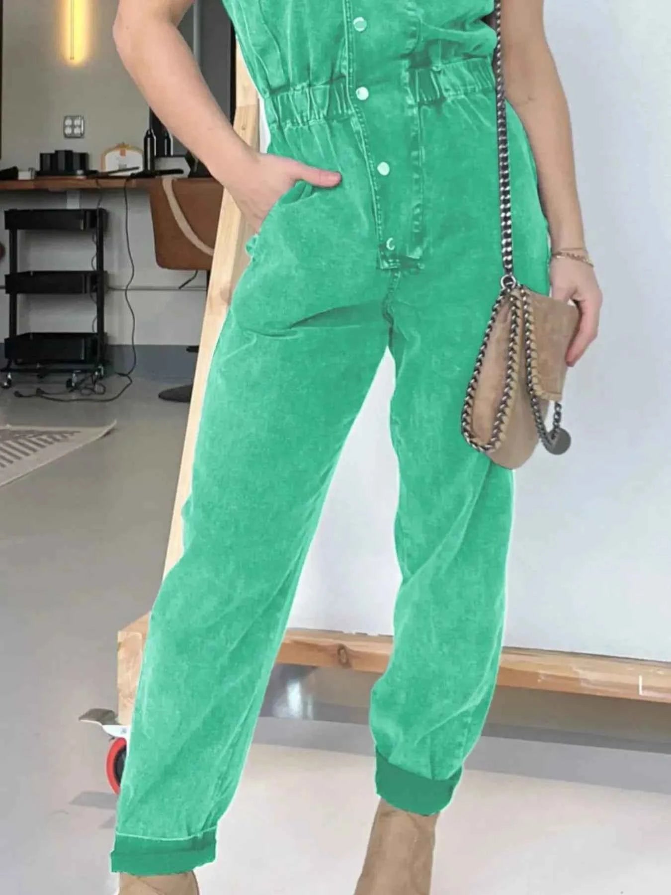 Plus Size Button Front Cap Sleeve Denim Jumpsuit.