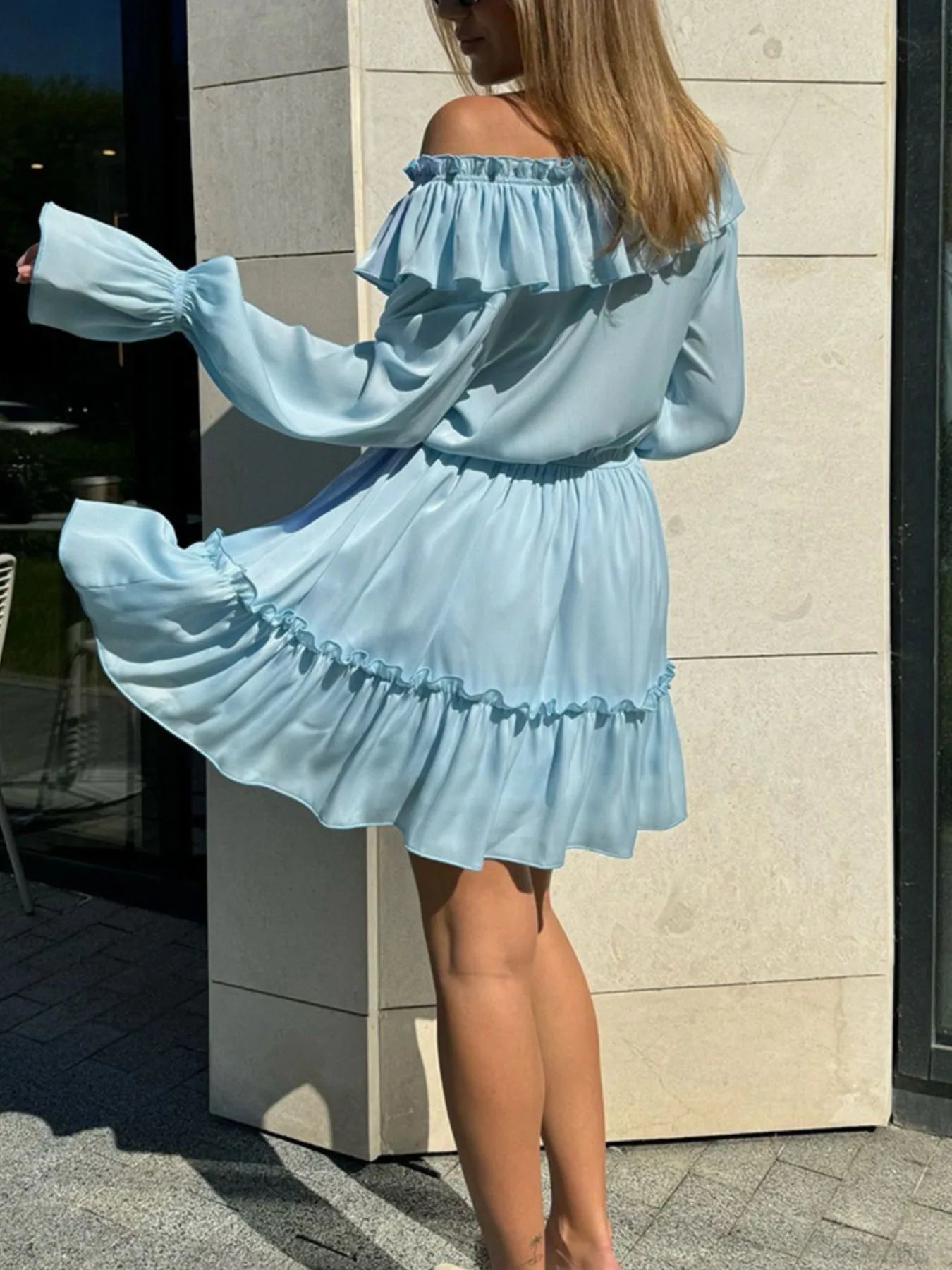 Ruffle Flounce Sleeve Mini Dress.