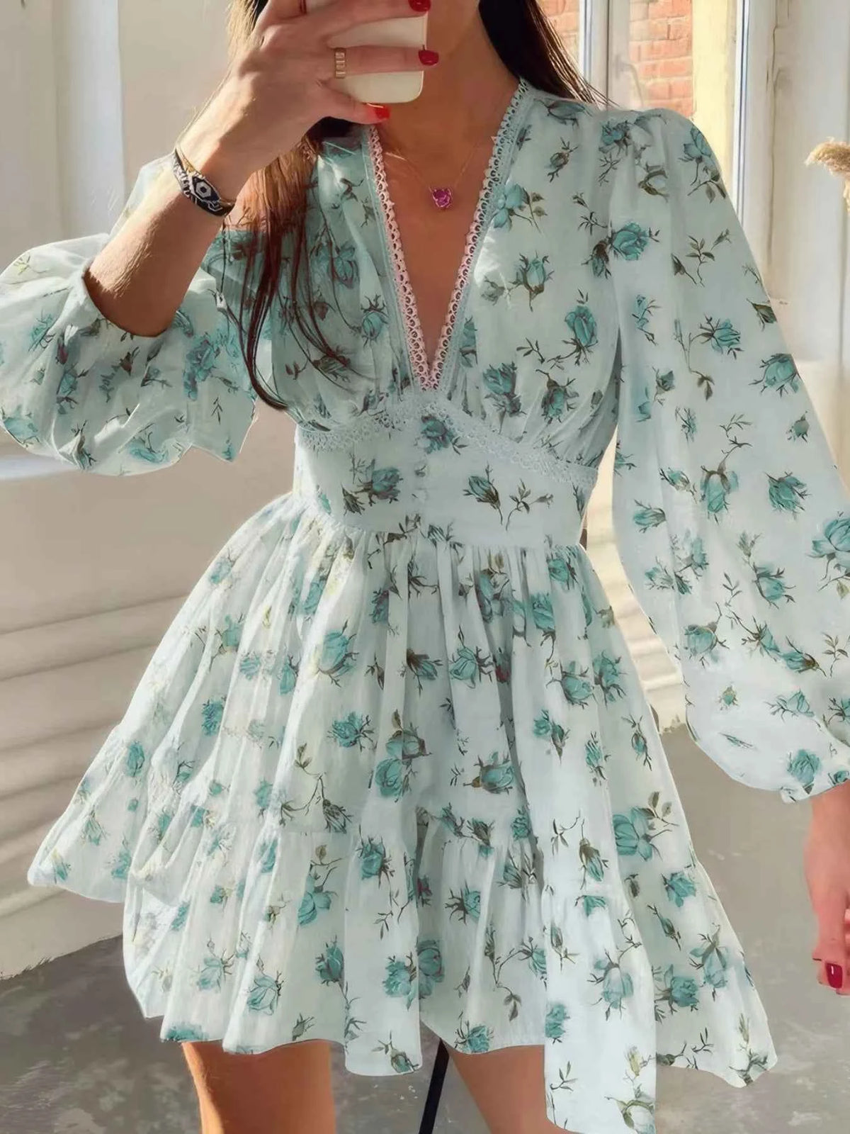 Floral Print Lace Detail V-Neck Mini Dress Plus Size.